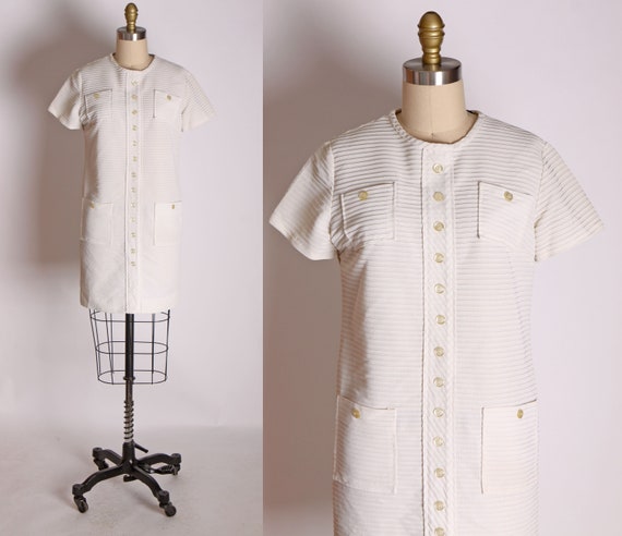 1960s Off White Faux Button Up Front Shift Dress by Kenform -S