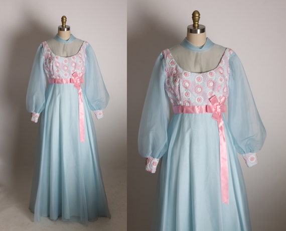 1960s Blue and Pink Sheer Overlay Floral Flower Power Bodice Full Length Long Sleeve Empire Waist Dress by Nadine -S