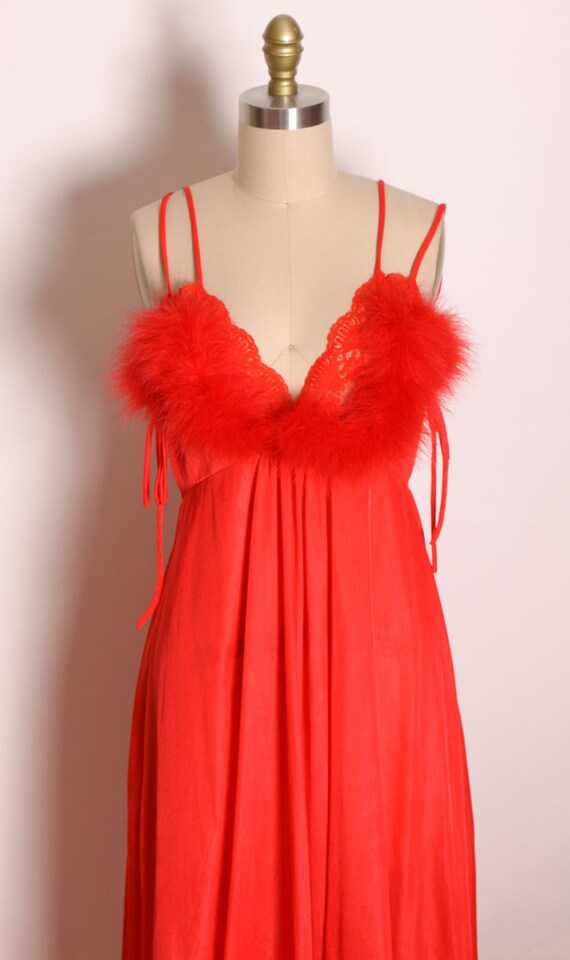 1970s Red Fuzzy Marabou Feather Trim Spaghetti St… - image 2