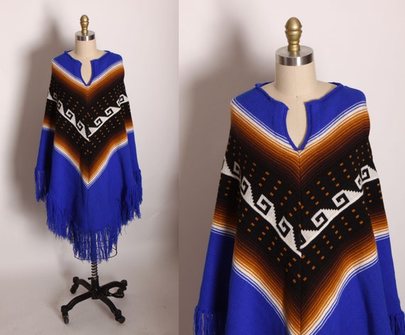 1970s Blue, Brown, Black and White Ombre Southwestern Style Fringe Poncho