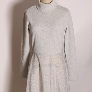 1970s Long Sleeve Turtleneck Full Length Silver Lurex Sweater Dress by Joseph Magnin -S
