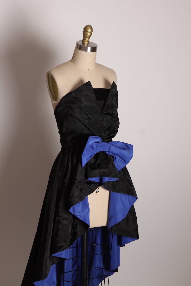 1980s Black and Blue Asymmetrical Strapless High Cut Front Hostess Overskirt Formal Cocktail Dress