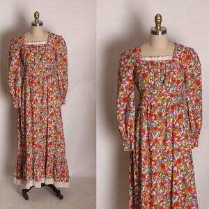 1970s Pink, Red and Blue Floral Flower Power 3/4 Length Sleeve Prairie Cottagecore Dress M image 1