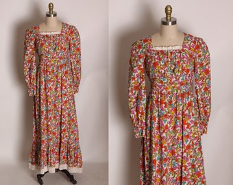 1970s Pink, Red and Blue Floral Flower Power 3/4 Length Sleeve Prairie Cottagecore Dress -M