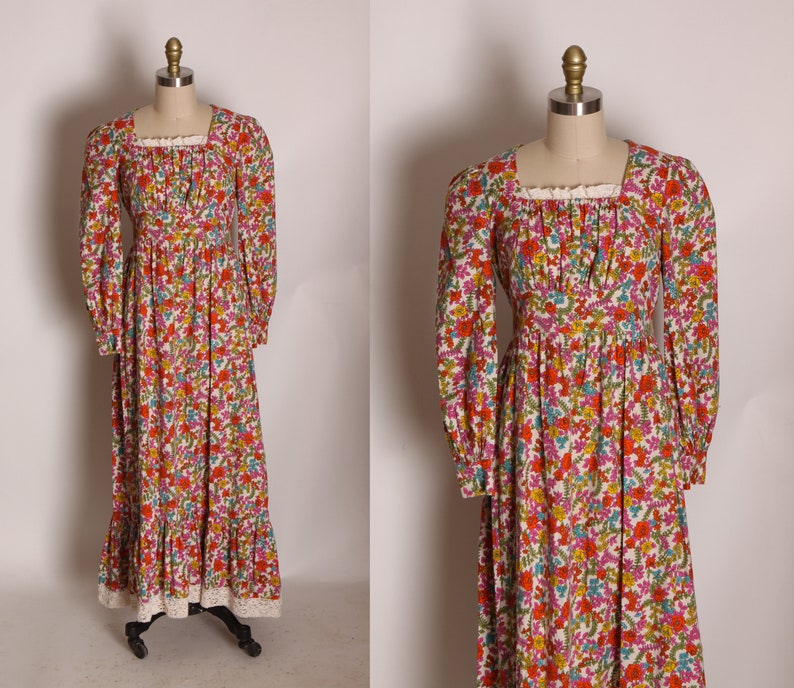 1970s Pink, Red and Blue Floral Flower Power 3/4 Length Sleeve Prairie Cottagecore Dress M image 1