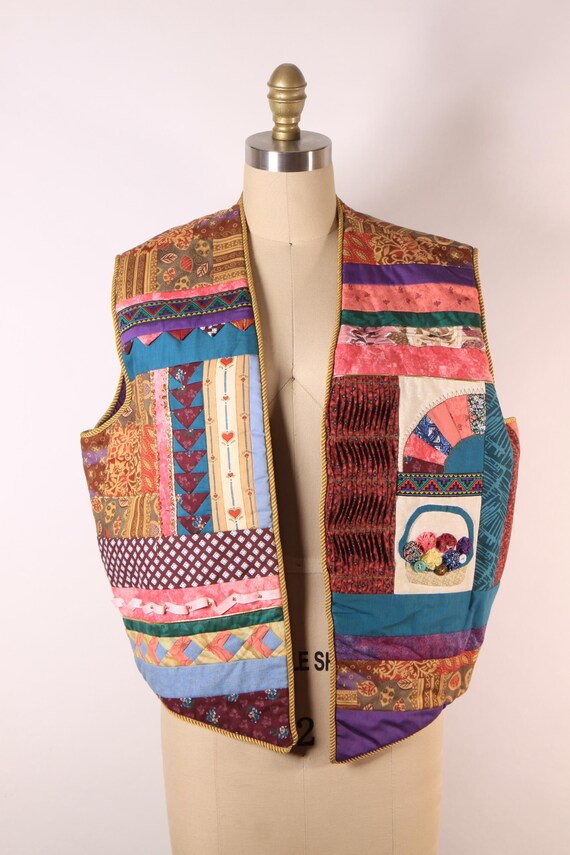 1980s Multi-Colored Patchwork Quilt Basket and He… - image 3