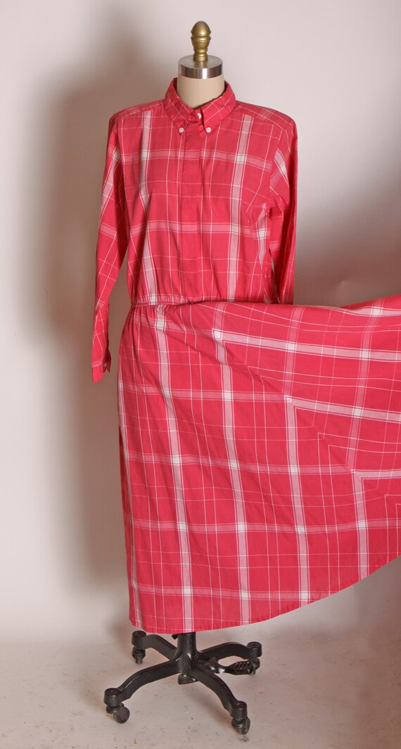 1980s Pink Raspberry and White Plaid Long Sleeve … - image 3