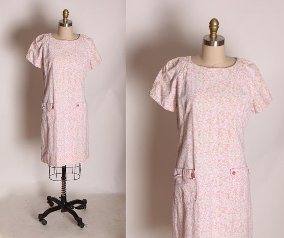 1960s Pink, White and Green Short Sleeve Novelty Floral Butterfly Shift Dress -L