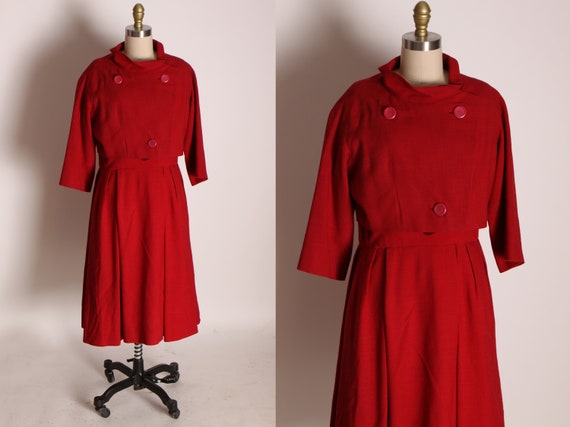 Late 1950s Dark Red 3/4 Length Sleeve Button Up Short Sleeve Over Jacket with Matching Dress by Christian Dior for Harzfeld’s -L