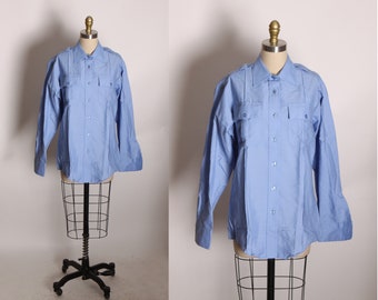 Deadstock 1970s 1980s Blue Long Sleeve Button Down Uniform Shirt by Paragon Plus by Elbeco