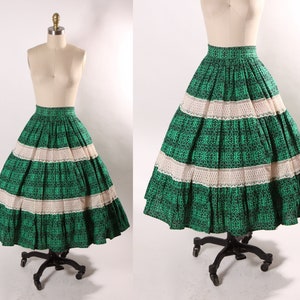 1940s Emerald Green, Black and White Lace Insert Abstract Swirl Fit and Flare Mexican Skirt -XS