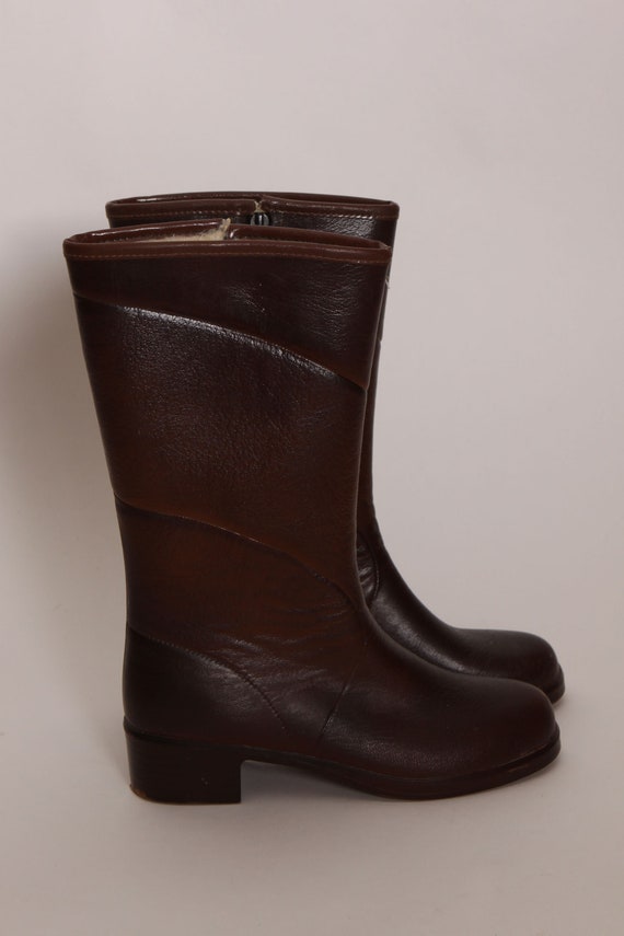 1970s Dark Brown Rubber Fuzzy Lined Zip Up Boots -Size 2