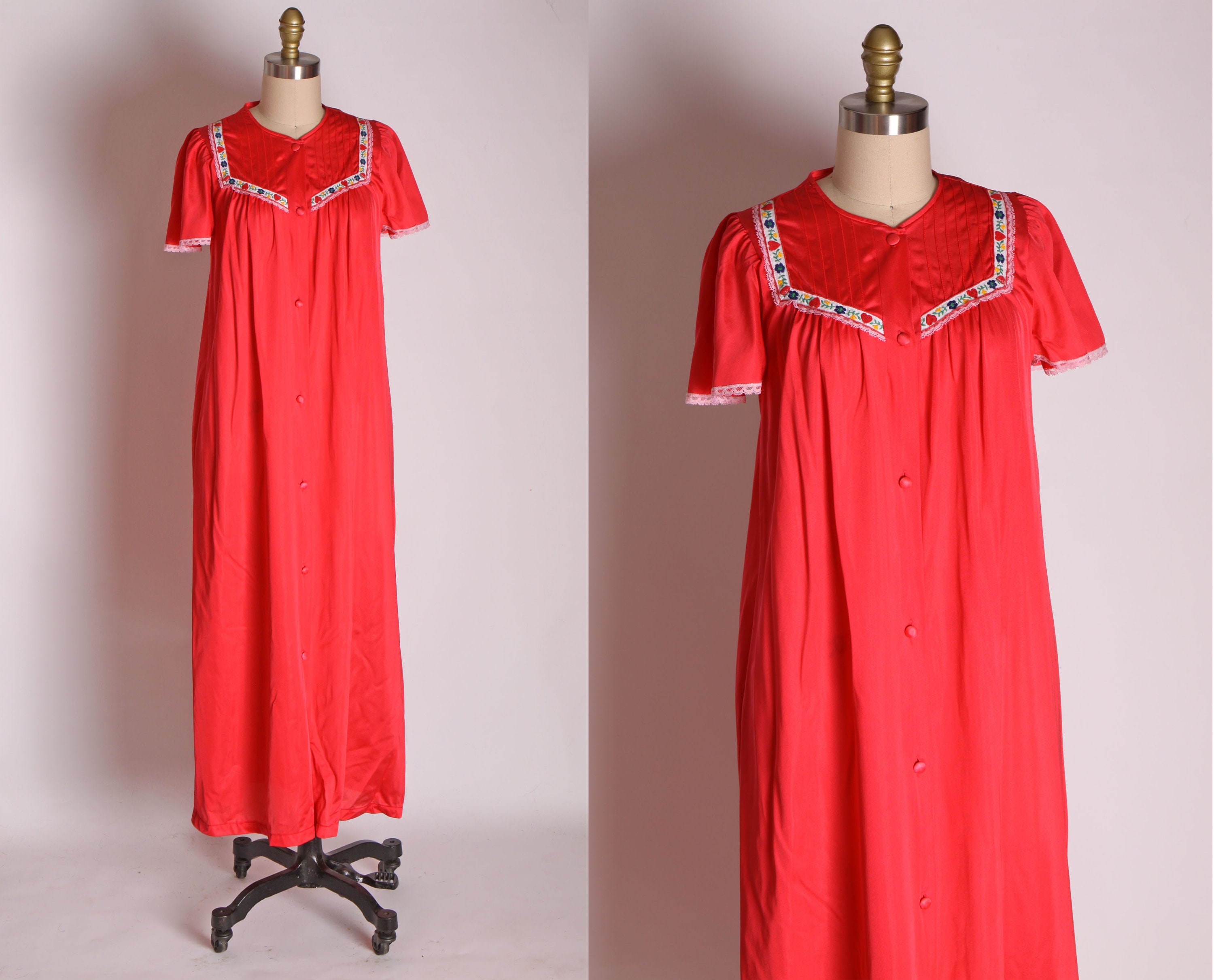 1960s Red Full Length Short Sleeve Nylon Button Down Robe by Lorraine -XS