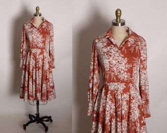 1970s Rusty Brown and White  Foliage Floral Fit and Flare Dress -XS