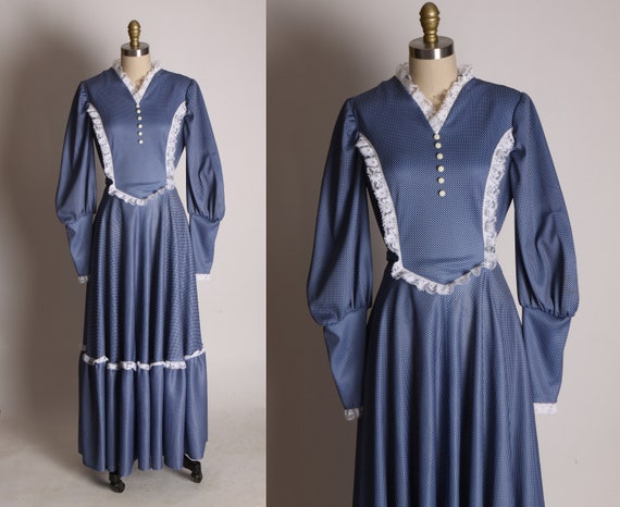 1970s Blue and White Polka Dot Long Juliet Sleeve Full Length Ruffle Bodice and Hem Prairie Cottagecore Western Style Dress -L