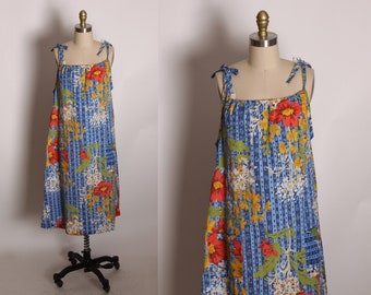 1970s Blue, White, Red and Green Floral Spaghetti Shift Dress -L