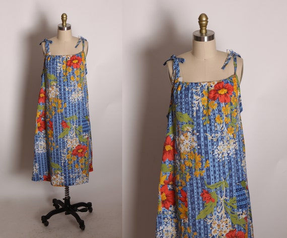 1970s Blue, White, Red and Green Floral Spaghetti Shift Dress -L