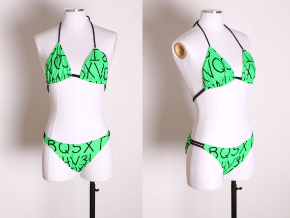 1970s Low Waisted Bright Green Novelty Alphabet Numbers Two Piece Bikini Swimsuit-XS