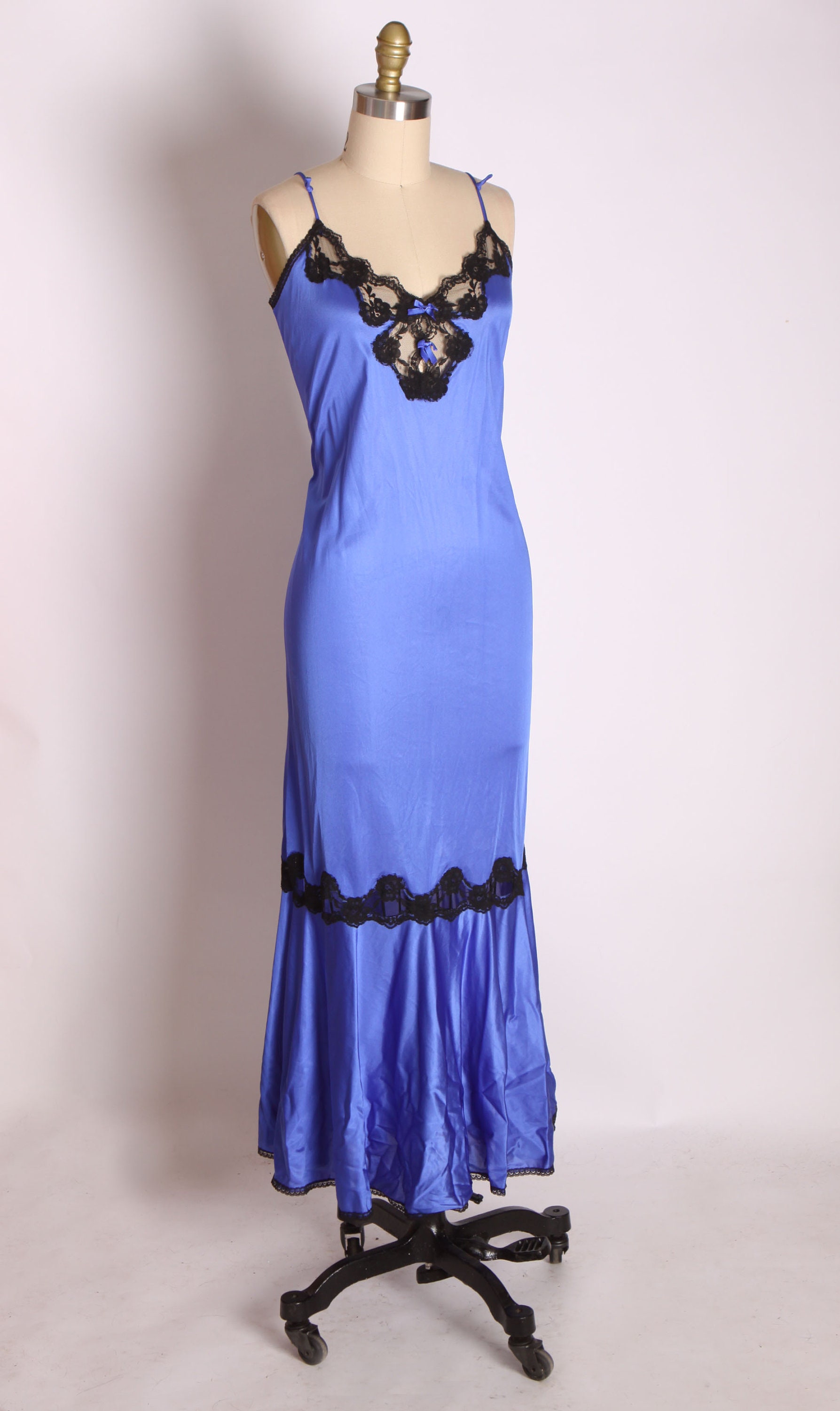 1970s Electric Blue Nylon and Black Lace Spaghetti Strap Lingerie Gown -S