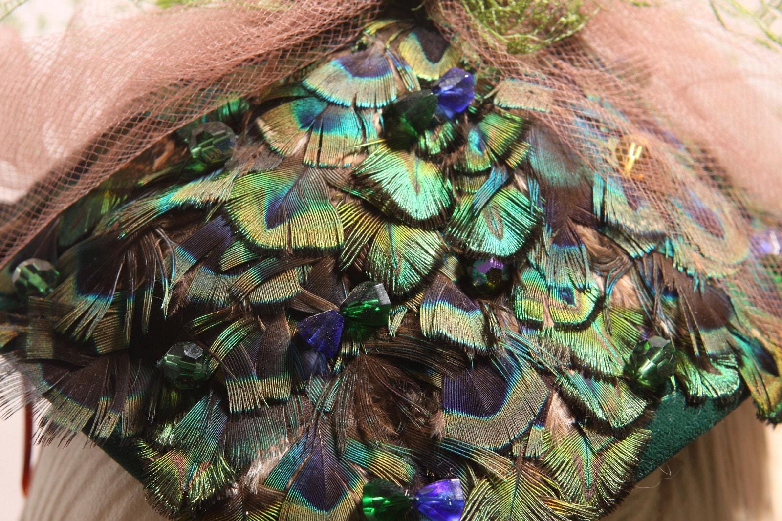Vtg 50s 60s Feather Fascinator Headband Hat Green Peacock Blue Velvet Bows JS Party/Cocktail Green Fascinators & Headpieces for Women for  main image 4