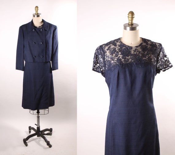 1960s Navy Blue Short Sleeve Sheer Lace Overlay Shift Dress with Matching Long Sleeve Jacket Two Piece Outfit Dress Suit -M-L