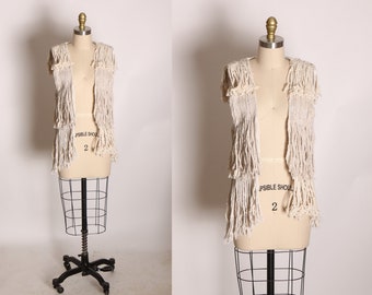 1970s 1980s Natural Fiber Woven Fringe Mop Open Front Boho Hippie Vest -M