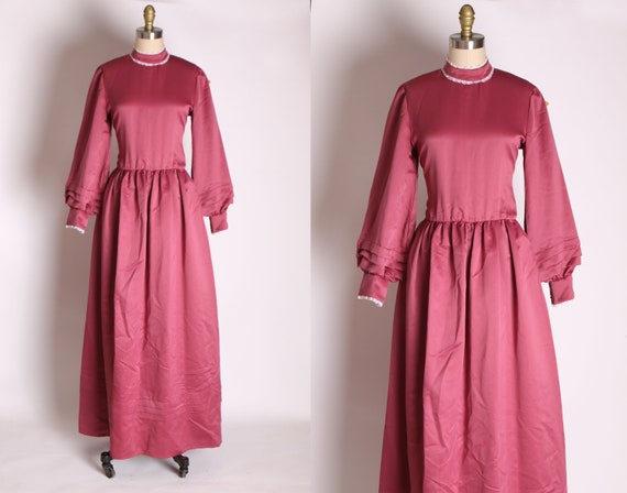 1970s Magenta Pink Purple Long Sleeve Full Length Boho Victorian Gunne Sax Style Cottagecore Dress -M