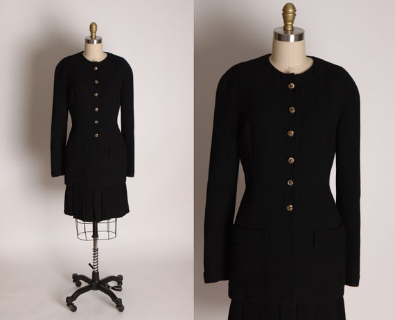 1980s Black Knit Gold Button Down Front Blazer Jacket with Matching Pleated Skirt Two Piece Skirt Suit by Valentino Boutique -M
