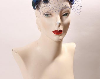 Vintage Royal Blue Velvet Hat With Peacock Feather Veil - Etsy display picture 1