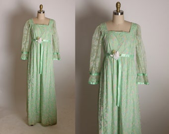 Late 1960s Green, Blue and Pink Velvet Flocked Floral Sheer 3/4 Length Sleeve Full Length Flower Power Empire Waist Dress -M