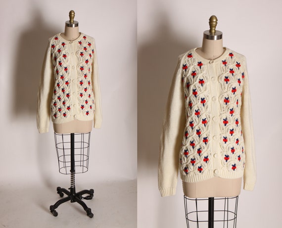Late 1950s Early 1960s Cream, Red and Black Floral Bavarian Style Button Up Sweater Cardigan -XL