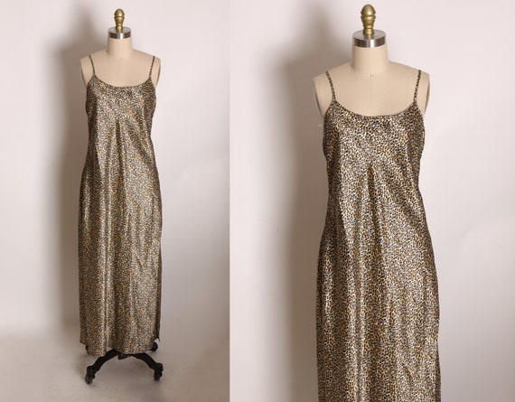 1980s Open Sides Criss Cross Leopard Print Spaghetti Strap Full Length Night Gown by Inner Most -M