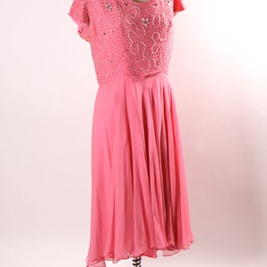 1960s Pink Short Sleeve Swirl Floral Beaded Chiffon Overlay Plus Size Volup Dress L image 8