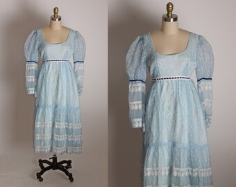 1970s Sheer Blue and White Embroidered Pattern and Polka Dot Mutton and Angel Sleeve Renaissance Style Dress by Clara Tate -XS