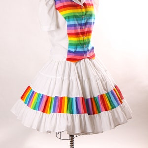 1980s White and Rainbow Print Short Sleeve Button Up Blouse with Matching Square Dance Skirt Two Piece Outfit L image 6