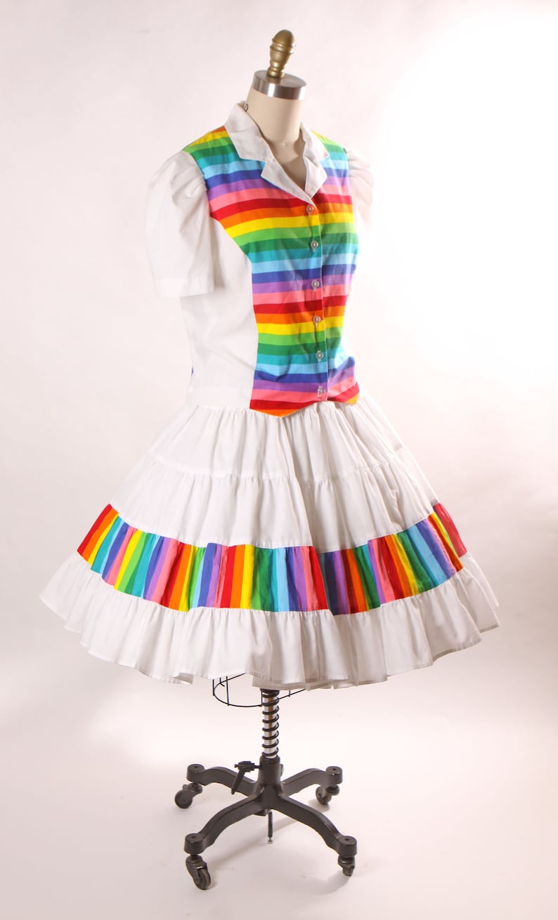1980s White and Rainbow Print Short Sleeve Button Up Blouse with Matching Square Dance Skirt Two Piece Outfit L image 6