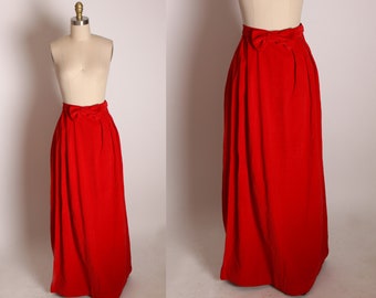 1960s Red Velvet High Waisted Bow Detail Ankle Length Skirt -XS