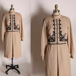 1960s Tan and Black Abstract Soutache Swirl Military Look Long Sleeve Dress by Jan Sue of California L image 1