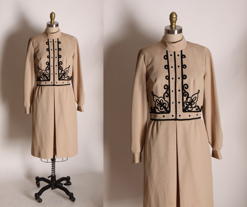 1960s Tan and Black Abstract Soutache Swirl Military Look Long Sleeve Dress by Jan Sue of California L image 1