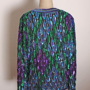 1980s Blue, Purple and Green Geometric Long Sleeve Beaded and Sequin Long Sleeve Cardigan Jacket Silk Jacket image 7