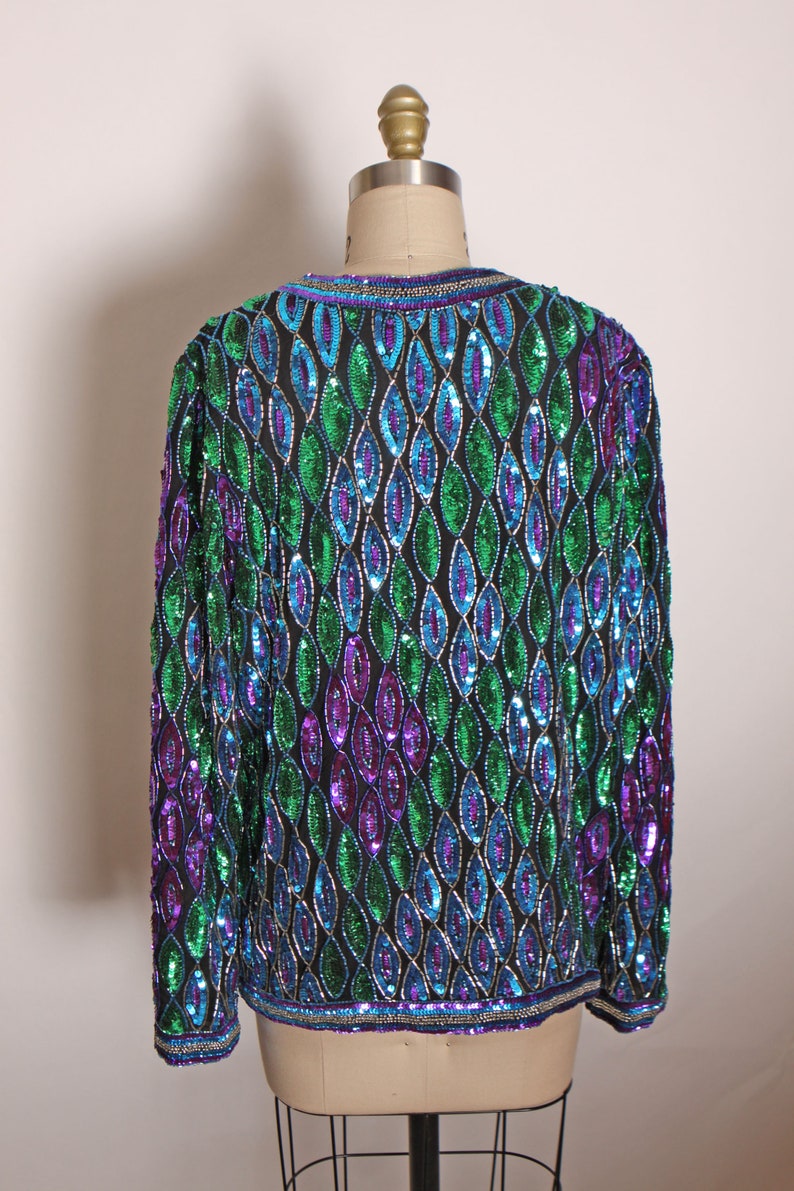 1980s Blue, Purple and Green Geometric Long Sleeve Beaded and Sequin Long Sleeve Cardigan Jacket Silk Jacket image 7