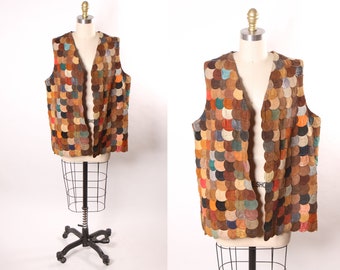 1960s 1970s Multi-Colored Earth Tone Leather Fish Scale Open Front Vest -L