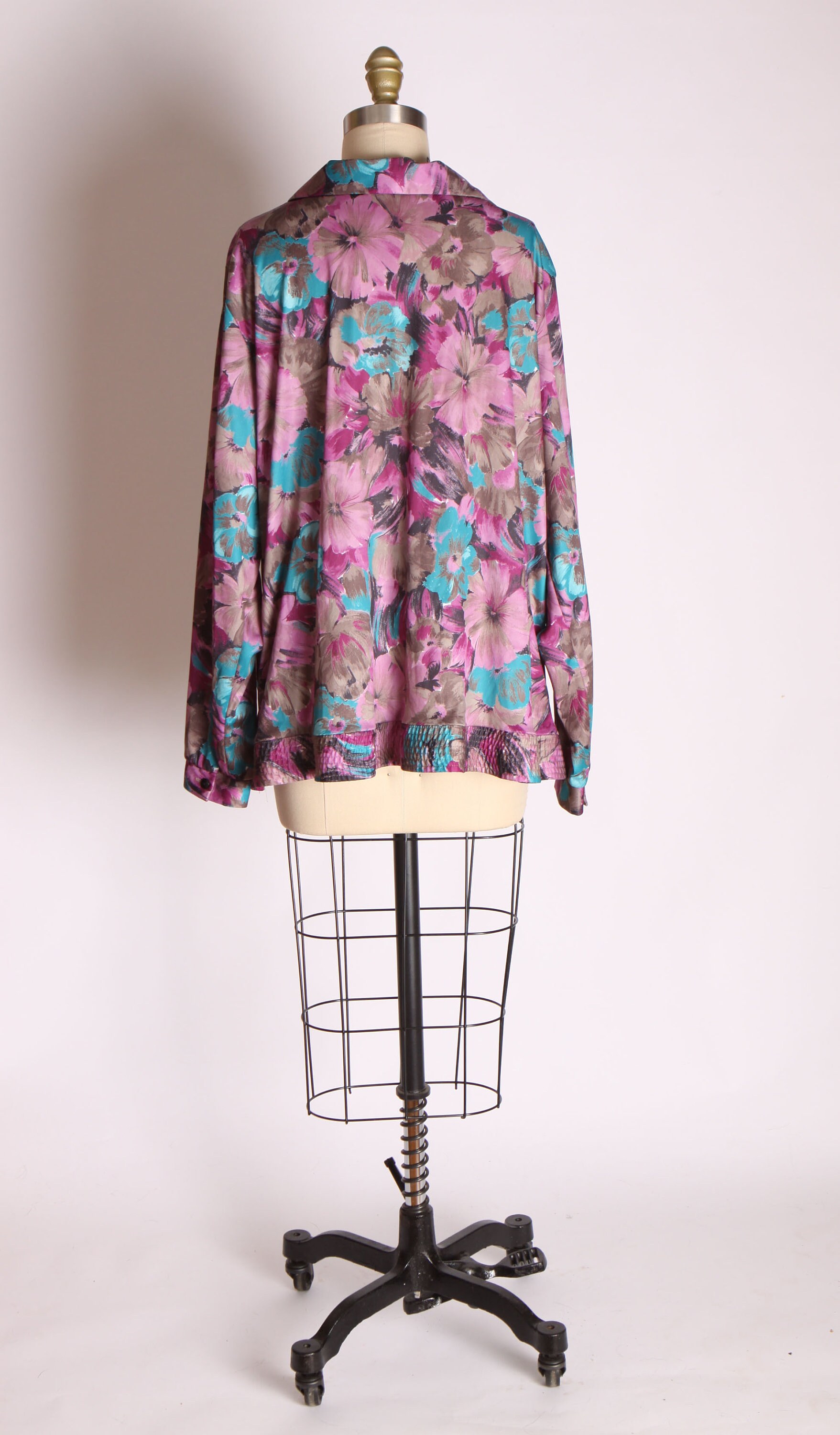 1970s Purple Tan and Blue Floral Flower Print Long Sleeve Blouse Shirt ...
