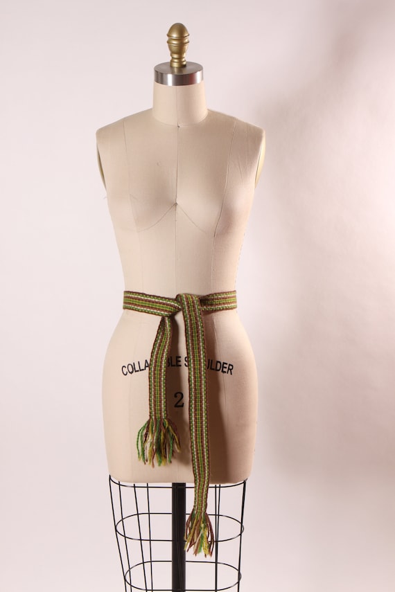 1970s Green, Beige and Brown Woven Fringe Belt - image 1