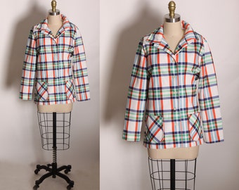 1970s White, Green, Red and Blue Plaid Long Sleeve Button Up Blazer Jacket by Prince Dallas -XL