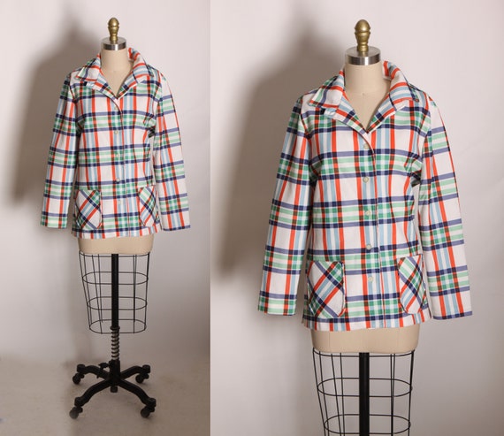 1970s White, Green, Red and Blue Plaid Long Sleeve Button Up Blazer Jacket by Prince Dallas -XL