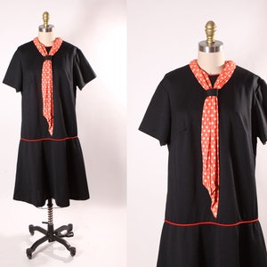 1960s Black and Red Short Sleeve Plus Size Volup Red Trim Polka Dot Scarf Scooter Dress by ShipShape XL image 1