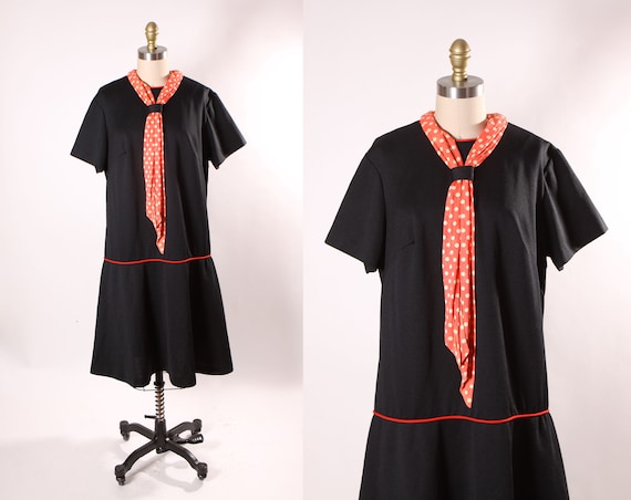 1960s Black and Red Short Sleeve Plus Size Volup Red Trim Polka Dot Scarf Scooter Dress by ShipShape -XL