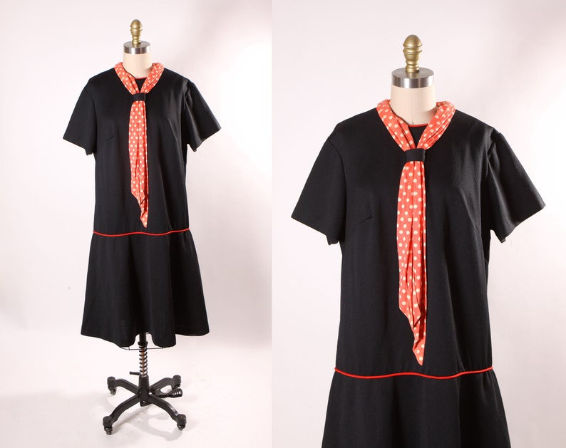1960s Black and Red Short Sleeve Plus Size Volup Red Trim Polka Dot Scarf Scooter Dress by ShipShape XL image 1