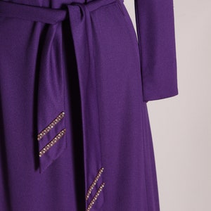 1970s Purple Long Sleeve Ruffle Hem Full Length Rhinestone Belted Dress by Edith Flagg M image 4